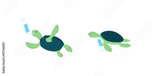 Water turtles flat color vector characters set. Ocean pollution after corona virus pandemia. Clearing environment from rubbish isolated cartoon illustration for web graphic design and animation pack