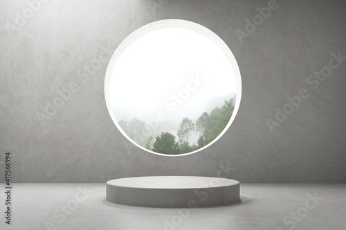 Fototapeta 3d render of empty concrete room with large circle window and round podium for product presentation on nature background.