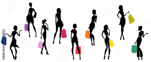 Glamorous ladies silhouettes and shopping bags.