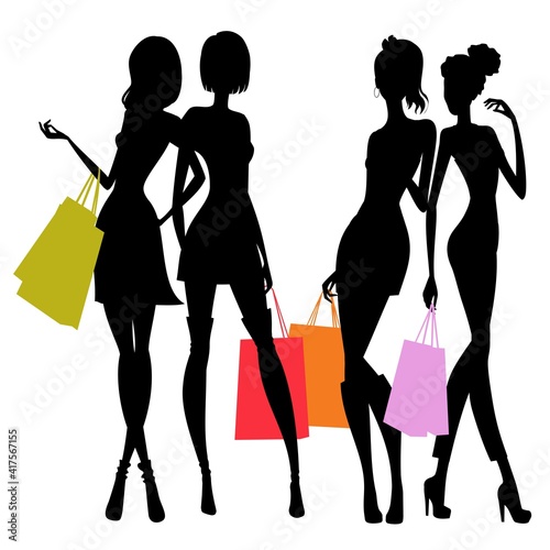 Group of female friends holding shopping bags in their hands. Womens silhouettes vector illustration.