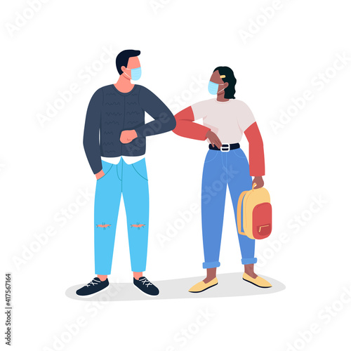 Covid elbow greetings flat color vector faceless character. Meeting friends during corona virus quarantine. New reality isolated cartoon illustration for web graphic design and animation
