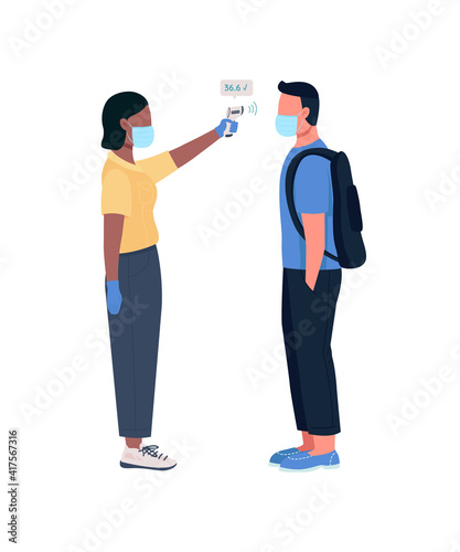 Measuring temperature flat color vector faceless character. Corona virus spreading prevention. Quarantine travel rules isolated cartoon illustration for web graphic design and animation
