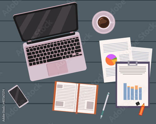 Pink laptop, cup of coffee, phone, pen, notebook, documents and blanks on dark table. Work place at home. Flat isolated illustration.