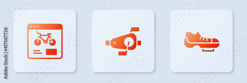 Set Bicycle pedals, rental mobile app and shoes. White square button. Vector.