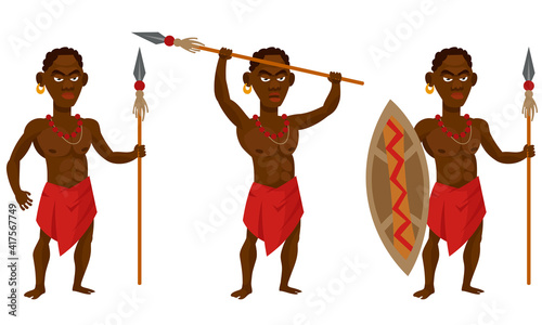 African tribal warrior in different poses. Male character in cartoon style.