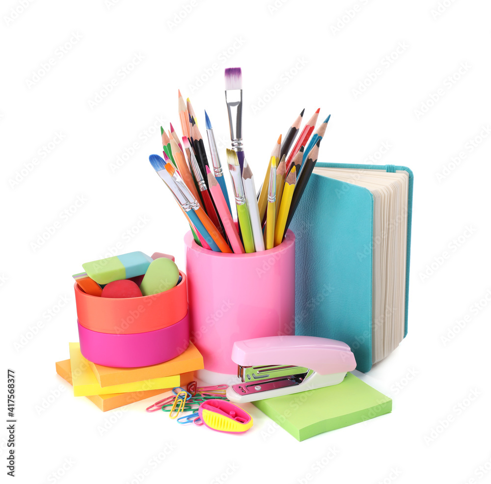 Fototapeta premium Set of colorful school stationery on white background