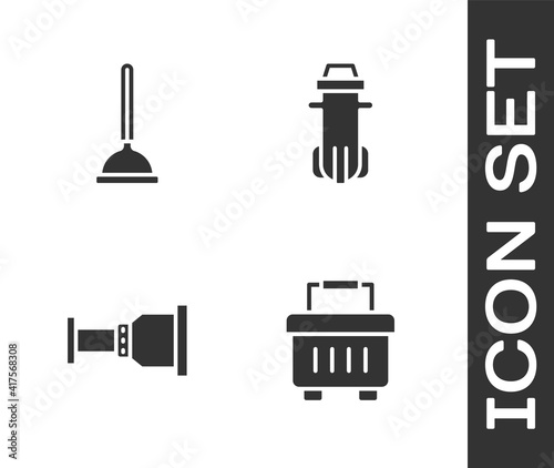 Set Toolbox, Rubber plunger, Pipe adapter and Water filter icon. Vector.