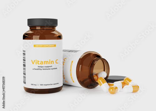 Vitamin C in a bottle isolated on white background