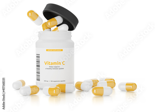 Foto Vitamin C in a bottle isolated on white background
