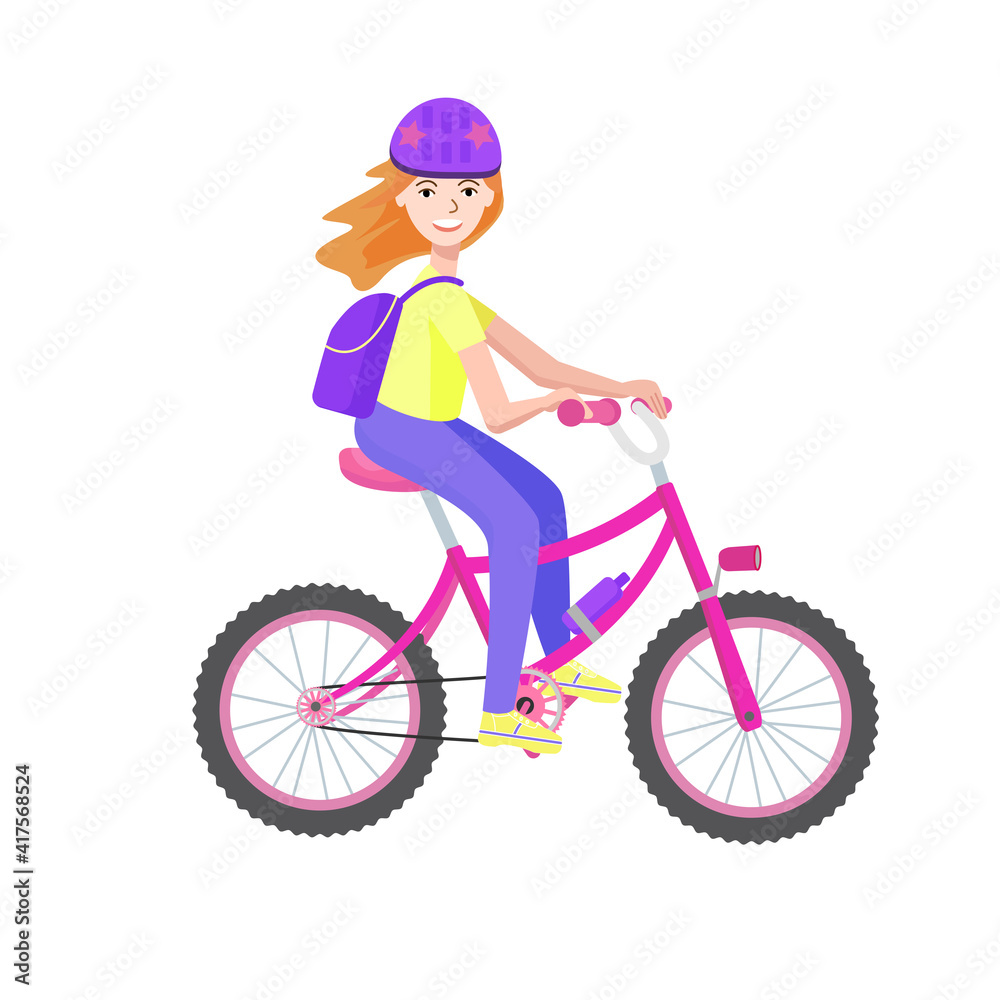Happy girl rides a bicycle wearing a helmet. Cartoon Vector illustration. Happy girl rides a bicycle wearing a helmet. Cartoon Vector illustration.