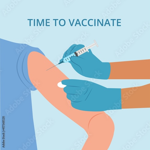 Doctor injects vaccine in a patient's shoulder. Close up view. Concept immunization and vaccination of people against infection and bacterial disease.Vector illustration