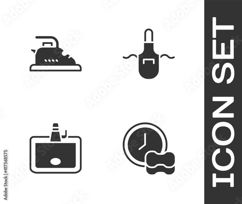 Set Washing dishes, Electric iron, Washbasin and Kitchen apron icon. Vector.