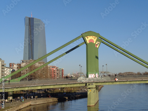 Pylons of the Floesserbruecke in front of the European Central Bank at Main river, Frankfurt photo