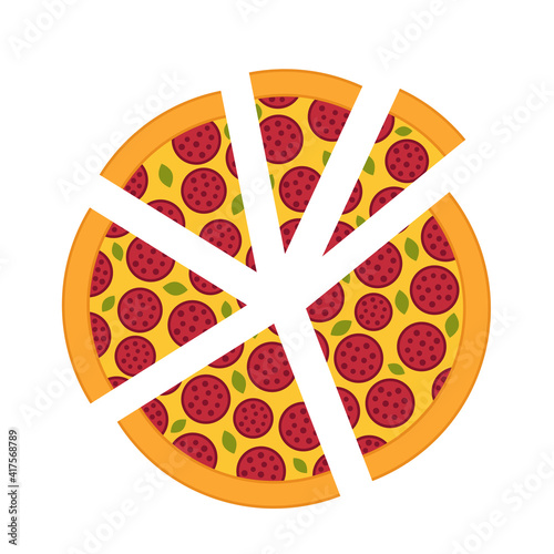 Slices of pizza of different sizes. Diagram infographics set. Pieces margherita. Vector illustration. Fast food.