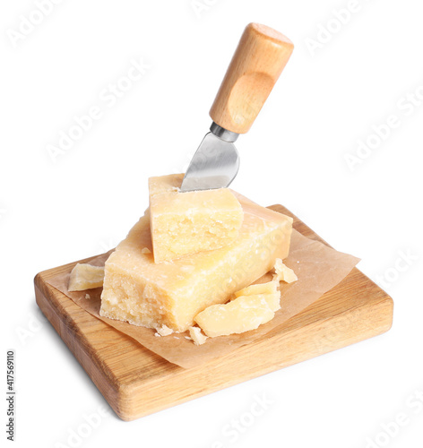 Parmesan cheese with knife and wooden board on white background
