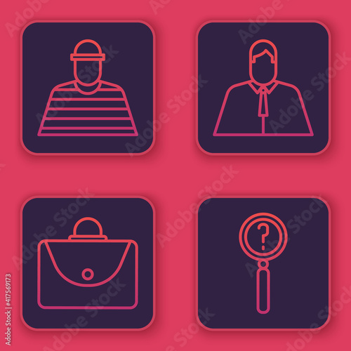 Set line Prisoner, Briefcase, Lawyer, attorney, jurist and Magnifying glass with search. Blue square button. Vector.