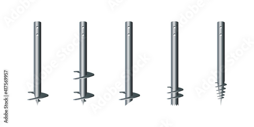 Isometric vector illustration steel screw round piles isolated on white background. Set of realistic foundation piles icons in flat cartoon style. Different shapes screw piles. Construction material.