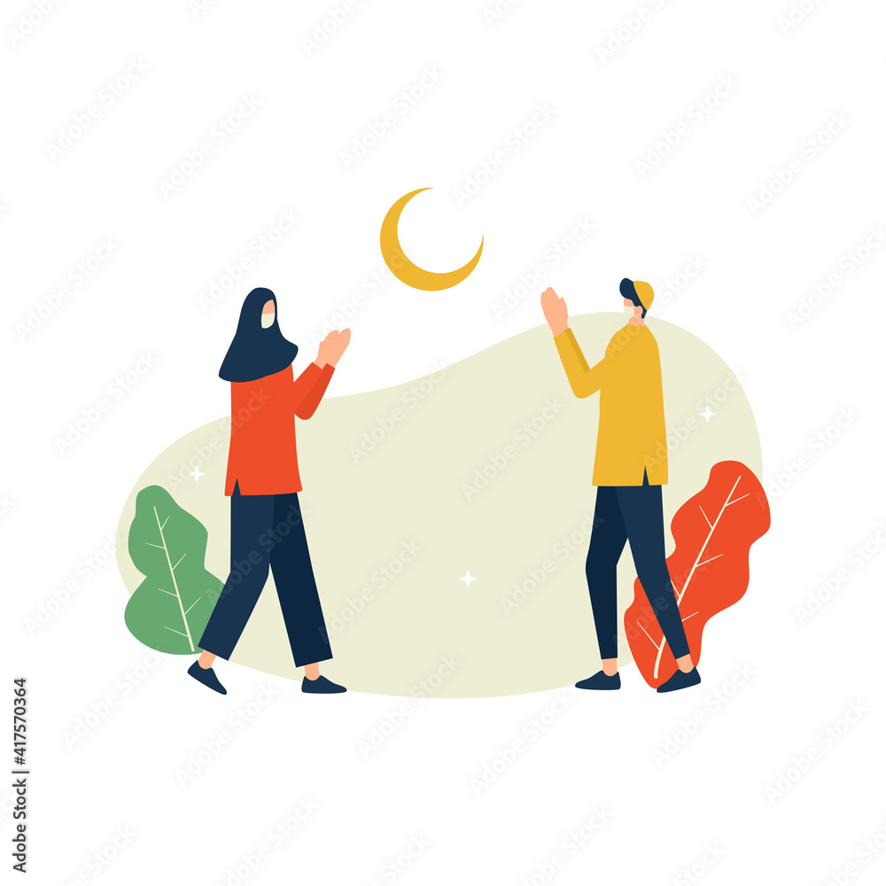 Eid Mubarak social distancing flat illustration with characters Eid Mubarak social distancing flat illustration with characters