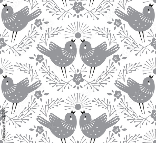 Easter Birds song vector seamless pattern. Symmetrical folk art illustration of spring bird couple in florals wreath neutral grey ornament for Christian spring holidays.