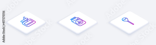 Set Isometric line Jar of honey, Cherry jam jar and Lollipop. White square button. Vector.