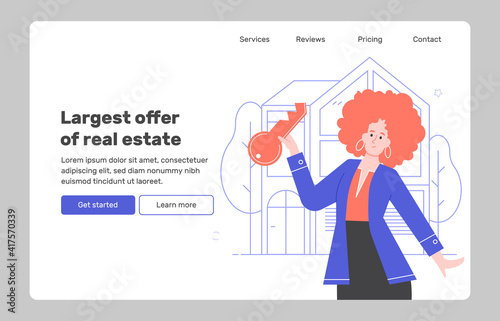 Girl realtor with a key on the background of the house. Property For Sale. Landing page concept template. Site with offers for the of real estate. Vector flat illustration. © fedrunovan