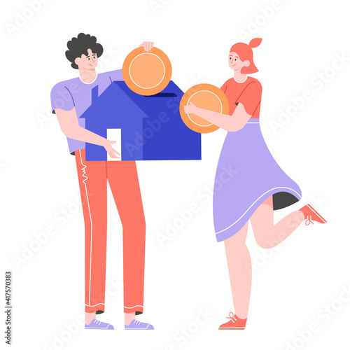 The family dreams of buying their own property. They are saving up money for a house. Investments in real estate. Young lovely couple holds coins in their hands. Vector flat illustration.