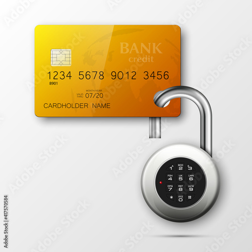 Credit card safe combination lock. Protection credit card. Safety badge banking. Defense finans. Security Plastic card software. Debit card electromagnetic chip Privacy Electronic money funds transfer