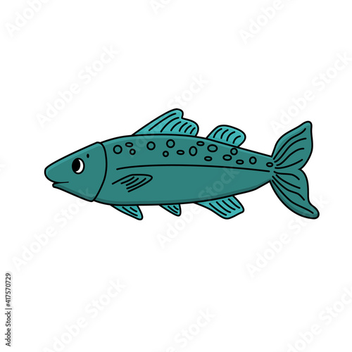 Blue cute vector cartoon tropical fish. Outline Animal is isolated on white background. Eyes and mouth are visible.