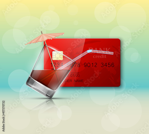 Credit card & glass cold drink alcohol straw banner. Banking card bright soda & umbrella icon. Plastic card software glass of lemonade fruit juice. Debit card bar glass of cocktail fizzy water drink