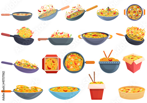 Wok menu icons set. Cartoon set of wok menu vector icons for web design