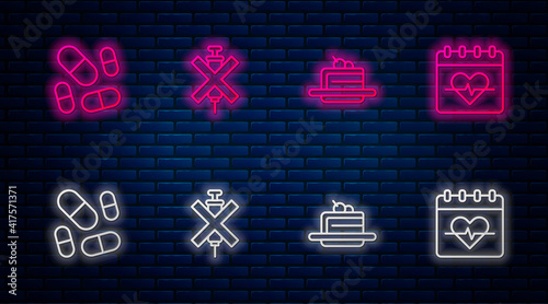 Set line No doping syringe, Cake, Vitamin pill and Heart rate. Glowing neon icon on brick wall. Vector.