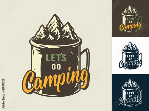 Set of camp mug, mountain and rock for camping and outdoor travel expedition or t-shirt print, emblem photo