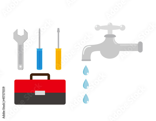 水道の蛇口　水漏れ工事　ベクターイラスト