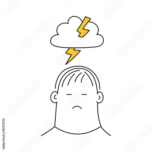 Stressed upset man with a storm cloud and lighting over his head. Anxiety and stress concept, negative emotions, crisis, and depression. Flat thin line vector illustration on white.