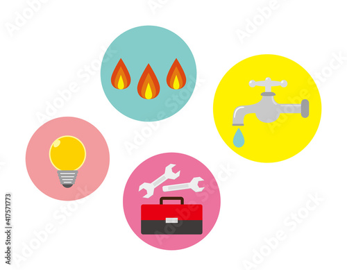 水道　ガス　電気　　住まいのベクターイラスト