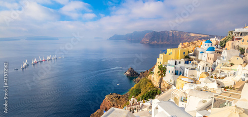  Panoramic view of Santorini. The famous town of Oia in the morning.