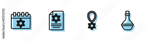 Set line Star of David necklace on chain, Jewish calendar, Torah scroll and wine bottle icon. Vector.