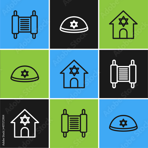 Set line Torah scroll, Jewish synagogue and kippah icon. Vector.