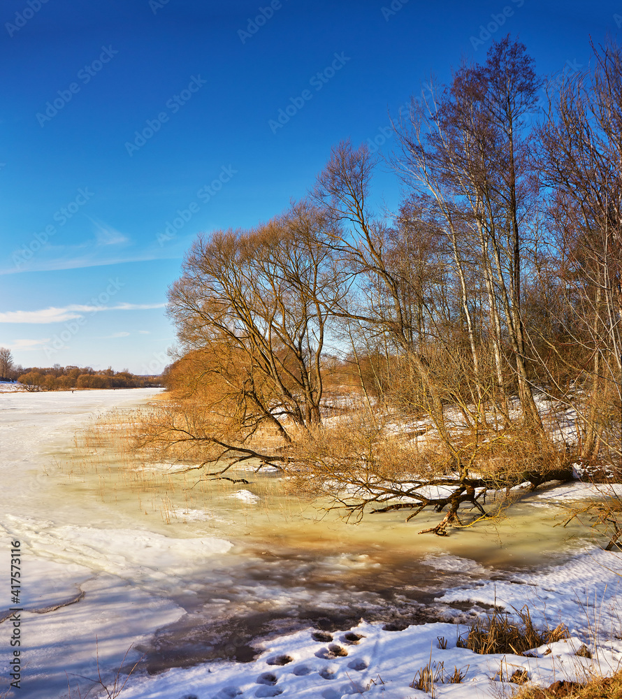 Early Spring With Melting Ice And Snow. Nature in March. Lake and forest rural scene