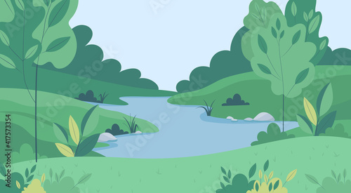 Spring or summer landscape with field, green hills, river and forest. Vector illustration in trendy flat simple style. Background for banner, greeting card or poster