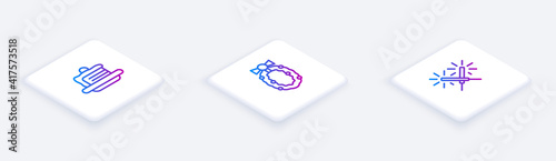 Set Isometric line Cake, Christmas wreath and Sparkler firework. White square button. Vector.