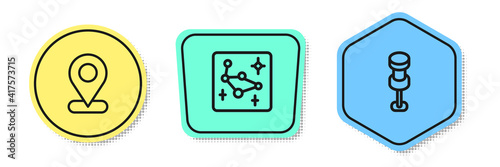 Set line Location, Great Bear constellation and Push pin. Colored shapes. Vector.