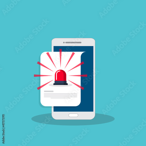 Mobile phone alarm. Alert file icon or caution message. Smartphone notification with danger siren flasher. Risk, attention, warning or safety concept. Flat style vector illustration.