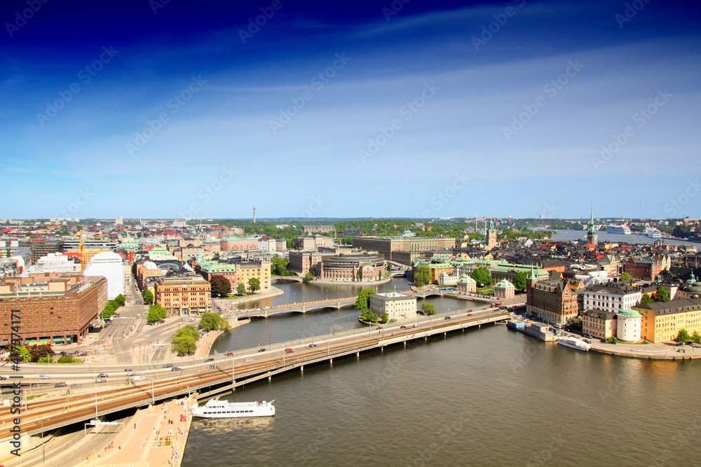 Stockholm city aerial view. Stockholm landmarks. Filtered colors style.