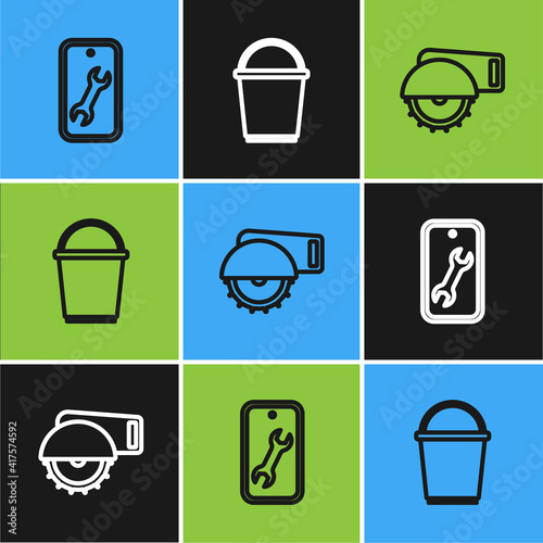 Set line Mobile service, Electric circular saw and Bucket icon. Vector.