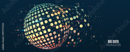 Wide Big data visualization. Machine learning algorithm for information filter and analytic. Abstract background with sphere array and binary code. Data array visual concept. Big data connection.