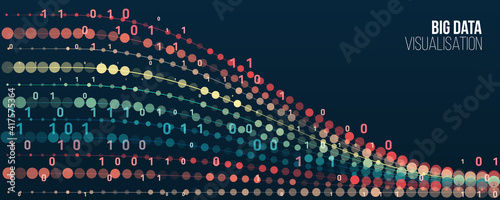 Abstract stream information with ball array and binary code. Filtering machine algorithms. Sorting data. Vector technology background. Big data visualization. Information analytics concept.