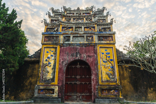 Colorful door at the Ancient Imperial City in Hue, Central Viernam photo