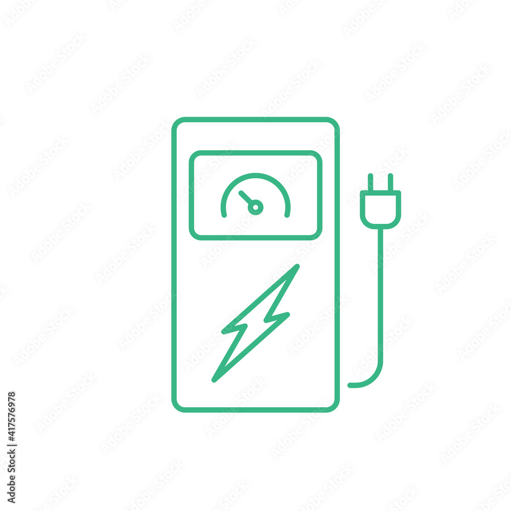 Electric car charging station line icon. Electric vehicles power station. Eco fuel charger with outlet. Power storage system. Green energy, zero emission concept. Vector illustration, flat, clip art. Electric car charging station line icon. Electric vehicles power station. Eco fuel charger with outlet. Power storage system. Green energy, zero emission concept. Vector illustration, flat, clip art.