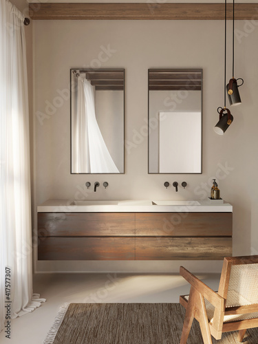 Foto 3d rendering of a Mykonos bohemian chic concrete bathroom with a double sink and